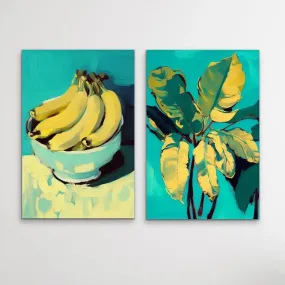 Banana and Banana Leafs - Two Piece Yellow and Turquoise Painted Print Set by Treechild