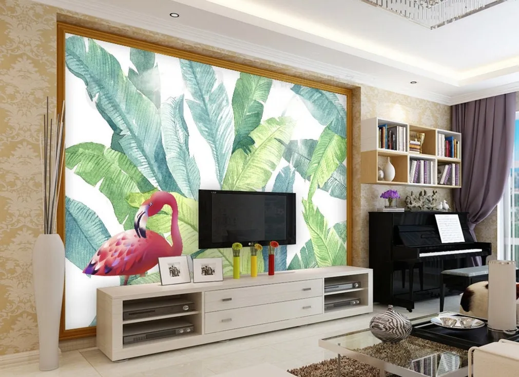 Banana leaves decor wallpaper, tropical leaf removable wallpaper, modern banana leaves print wall mural peel and stick