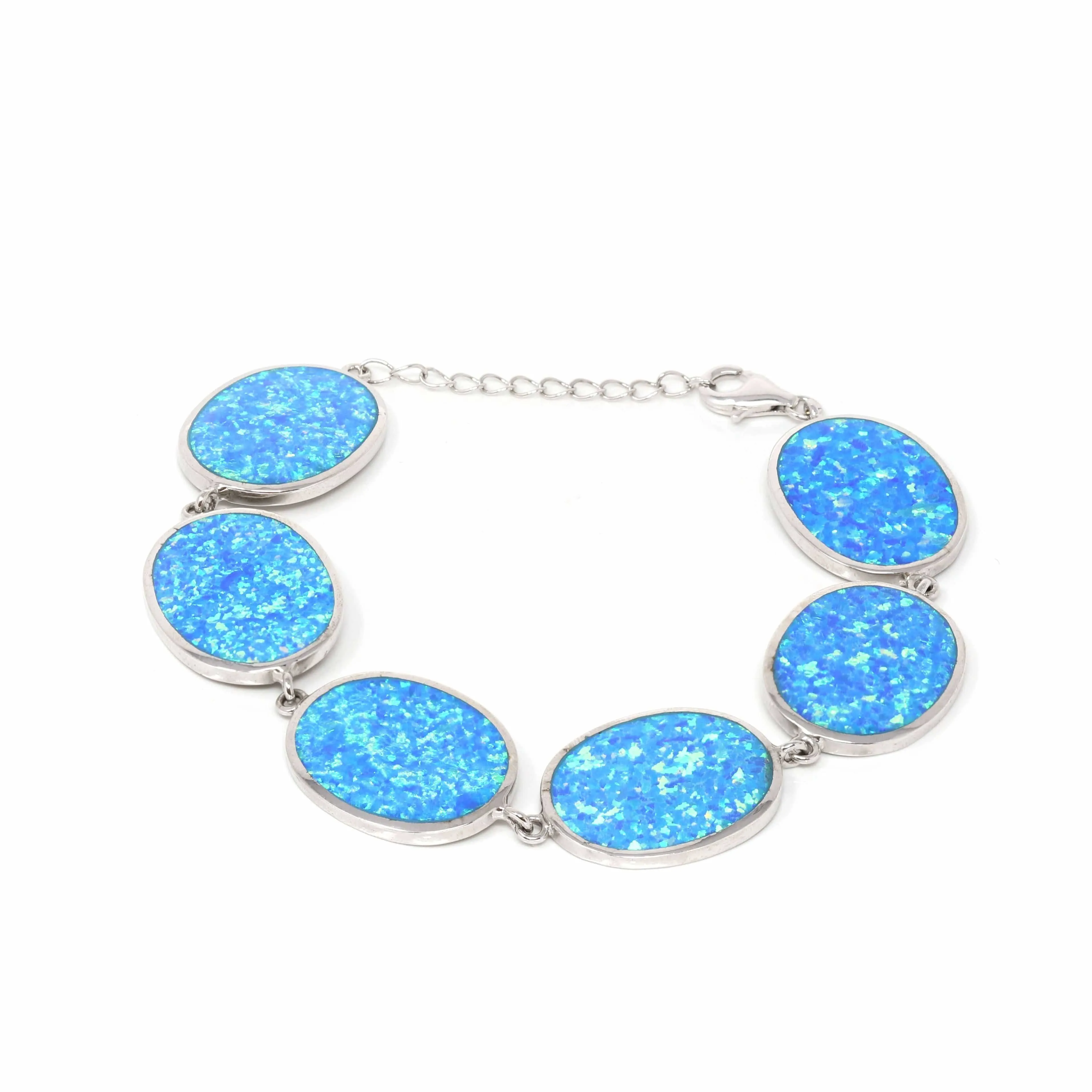 "Ann" Sterling Silver Lab-Created Oval Opal Bracelet