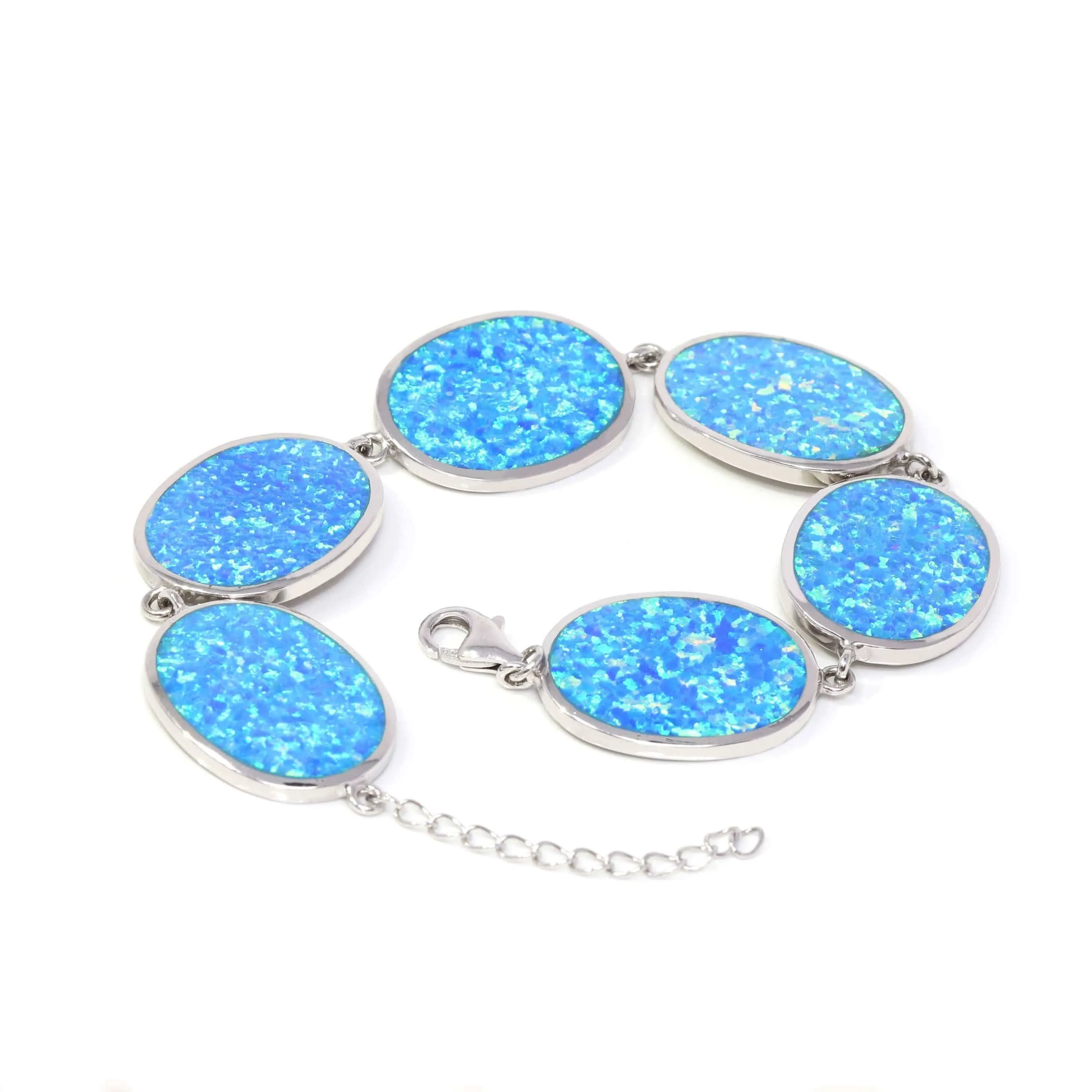 "Ann" Sterling Silver Lab-Created Oval Opal Bracelet